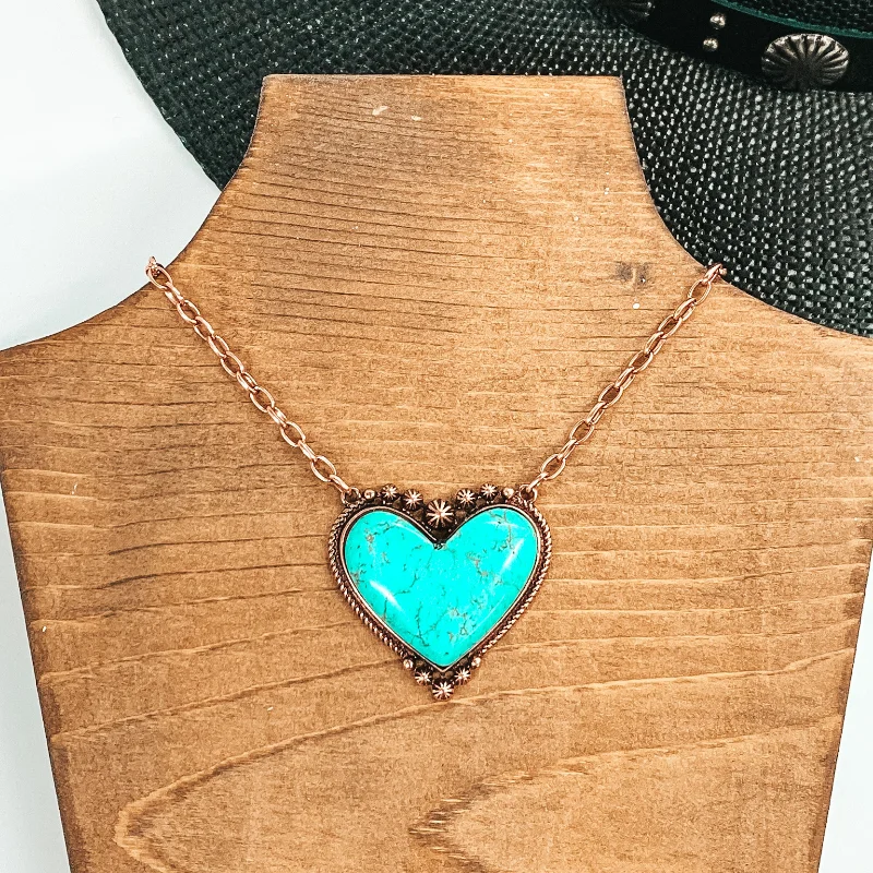 Bridal Chain Necklace-Copper Tone Chain Necklace with Stone Heart Pendant in Turquoise