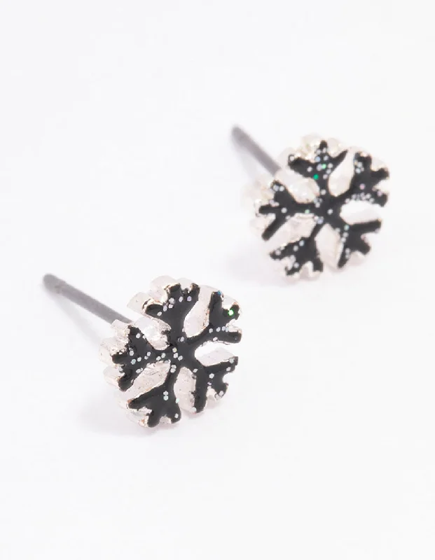 Triangular Drop Earrings-Silver Glitter Snowflake Diamante Stud Earrings