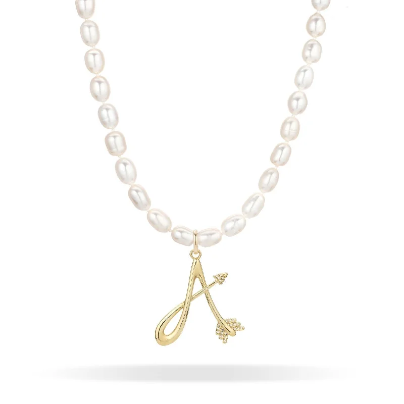 Personalized Heart Necklace-XL Seed Pearl Diamond Arrow Initial Necklace