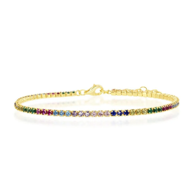 Custom Link Cuff Bracelet-Sterling Silver Gold Plated Rainbow CZ Tennis Bracelet, 6.5"