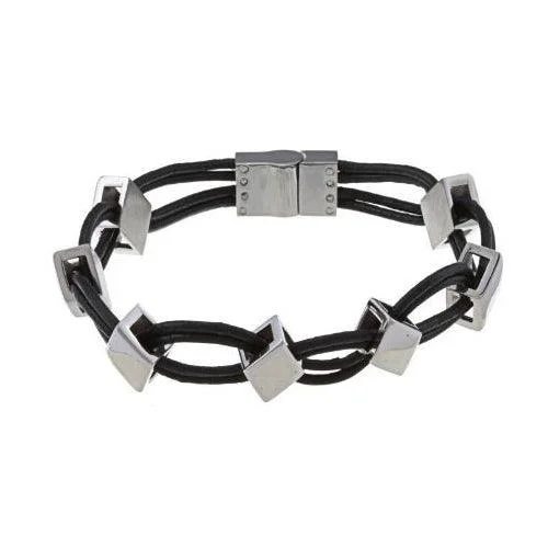 Unique Charm Bracelet-Stainless Steel Leather and Diamond Shaped Links Bracelet, 8.5"