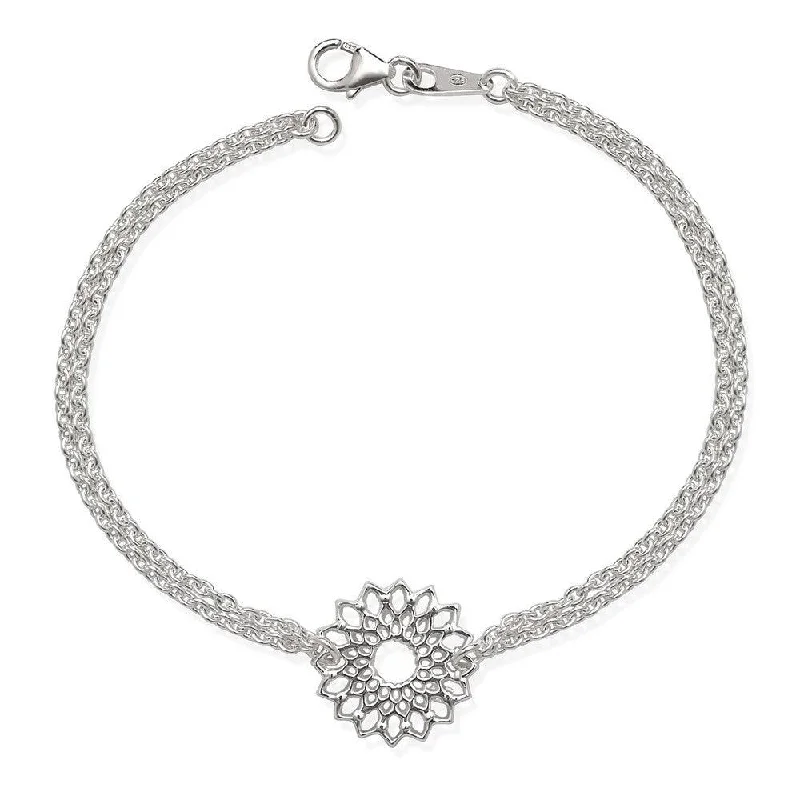 Luxurious Diamond Bracelet-Sterling Silver Double Strand with Center Flower Bracelet, 7.5"