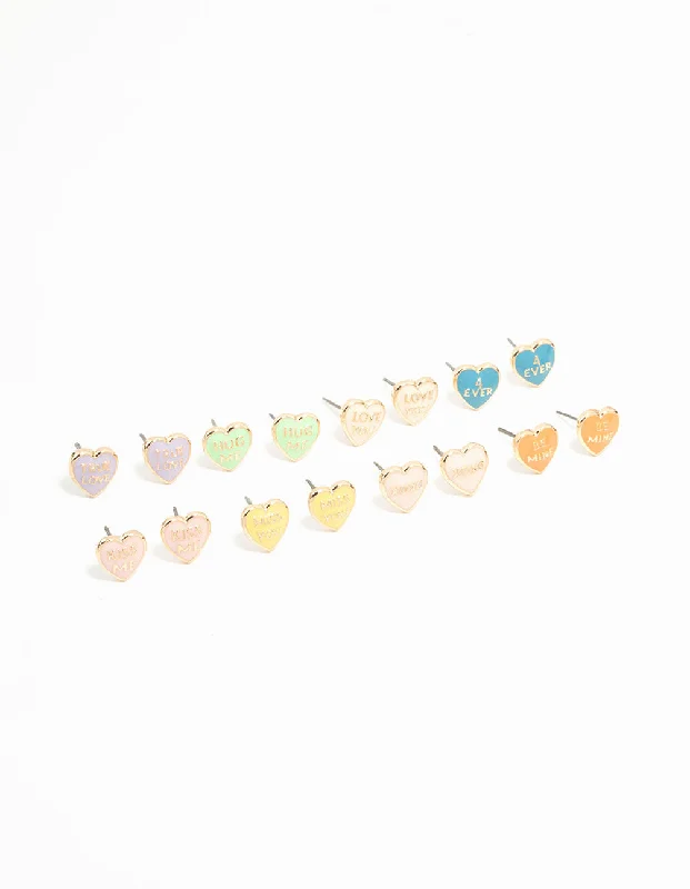 Adjustable Drop Earrings-Gold Candy Hearts Stud Earrings 8-Pack