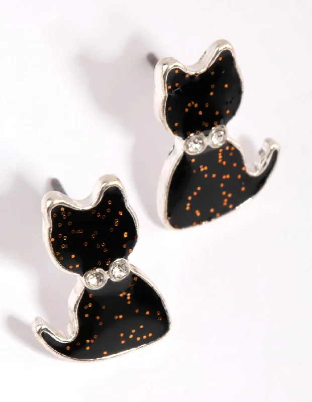 Swarovski Crystal Earrings-Silver & Black Glitter Cat Stud Earrings