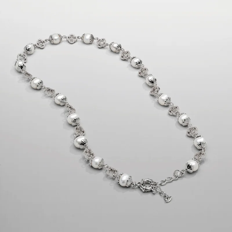 Classic Bar Pendant Necklace-Filigree Real Pearl Necklace (Silver)