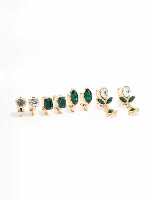 Handcrafted Earrings-Emerald Diamante Mixed Shape Clip On Earrings 4-Pack