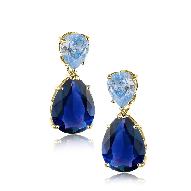 Small Drop Earrings-Blue Sapphire and Aqua Double Pear Drop Earrings