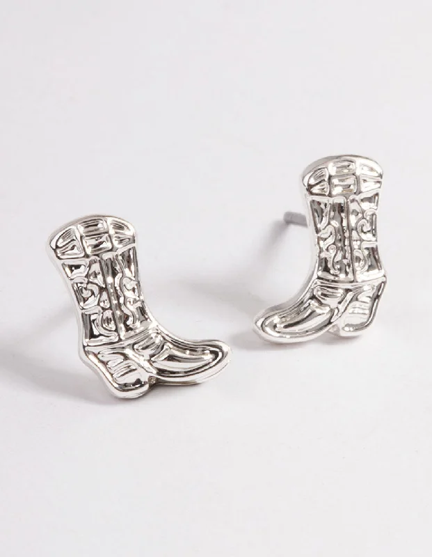 Classic Pearl Studs-Silver Cowboy Boot Stud Earrings