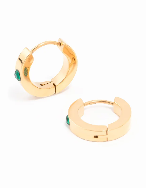 Dangling Gold Earrings-Gold Plated Surgical Steel Round Diamante Classic Huggie Earrings