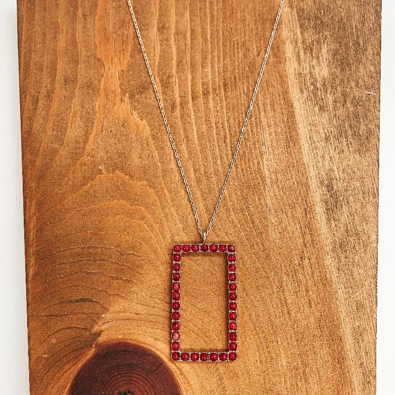 Custom Necklace for Gift-Long Gold Necklace with Open Rectangle Pendant in Burgundy