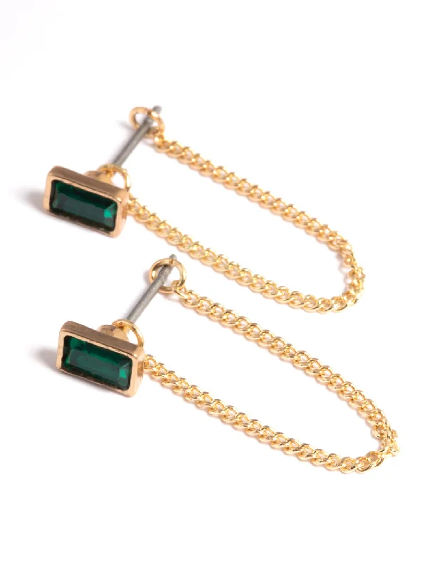 Large Silver Earrings-Gold Emerald Chain Front & Back Earrings