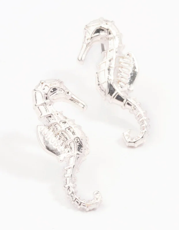 Elegant Stud Earrings-Silver Seahorse Stud Earrings