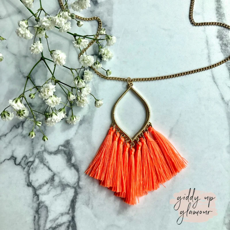 Simple Birthstone Bar Necklace-Gold Chain Lantern Outline Necklace with Fringe Tassels in Neon Orange