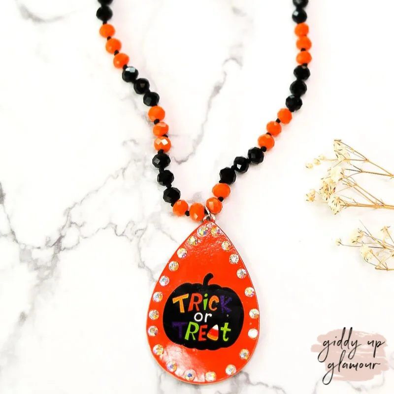 Silver Necklace with Pendant-Trick-or-Treat Beaded Pendant Necklace