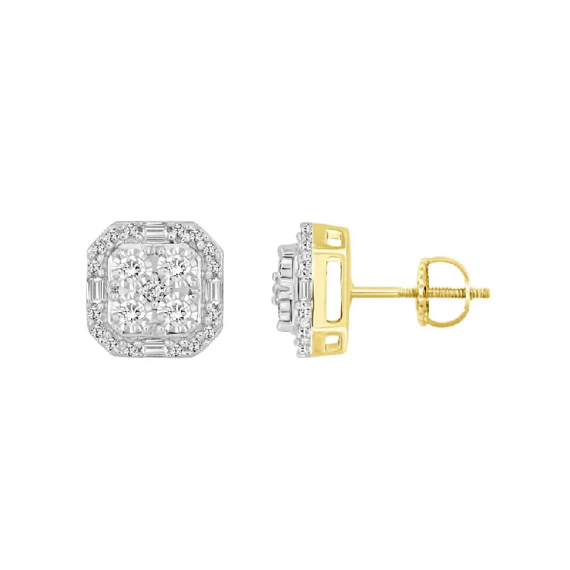 Sterling Silver Dangle Earrings-LADIES EARRINGS 0.25CT ROUND/BAGUETTE DIAMOND 10K YELLOW GOLD