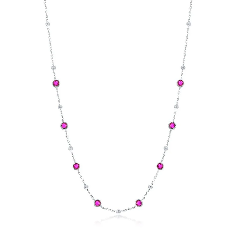 Elegant Gemstone Necklace-SS Bezel-Set Red CZ & Bead Station Necklace