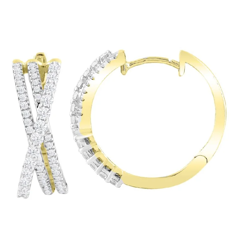 Handmade Boho Earrings-LADIES HOOP EARRINGS 0.75CT ROUND DIAMOND 14K YELLOW GOLD