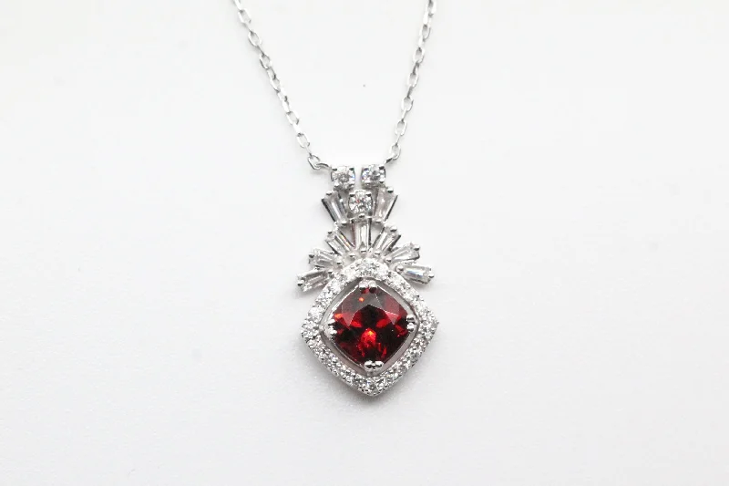 Long Crystal Necklace-White Gold Garnet Art Deco Style Necklace