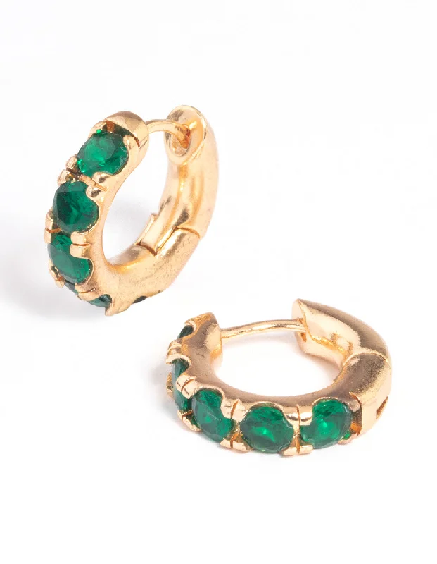 Luxury Silver Earrings-Gold Green Stone Thick Huggie Earrings