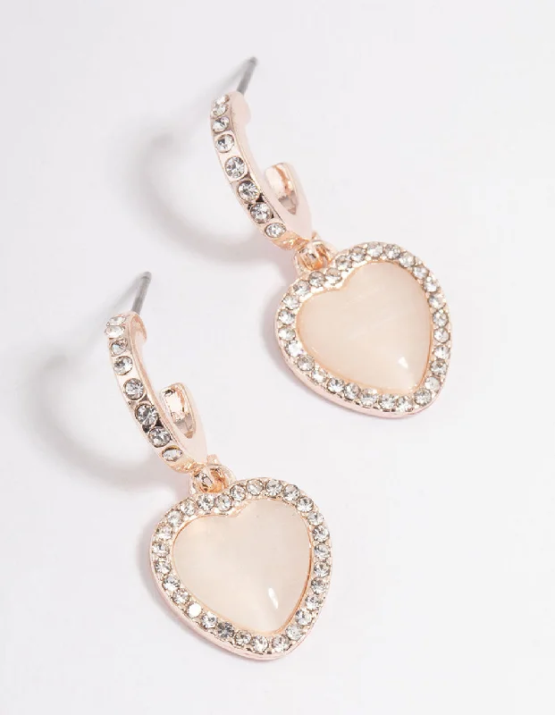 Hoop Earrings for Women-Rose Gold Catseye Diamante Heart Huggie Earrings