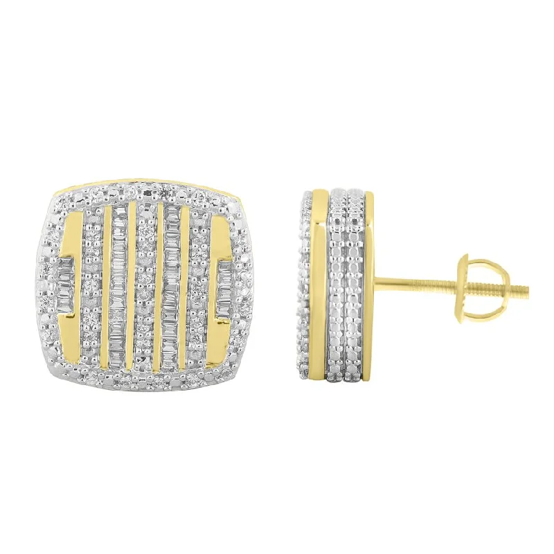 Handmade Boho Earrings-LADIES STUD EARRINGS 0.50CT ROUND/BAGUETTE DIAMOND 10K YELLOW GOLD