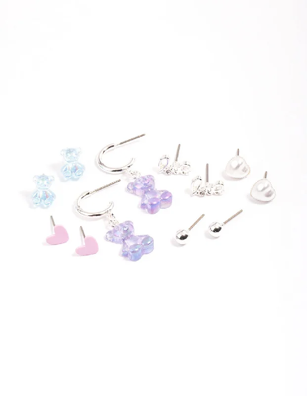 Cute Dangle Earrings-Silver Purple Cute Love Earrings 6-Pack