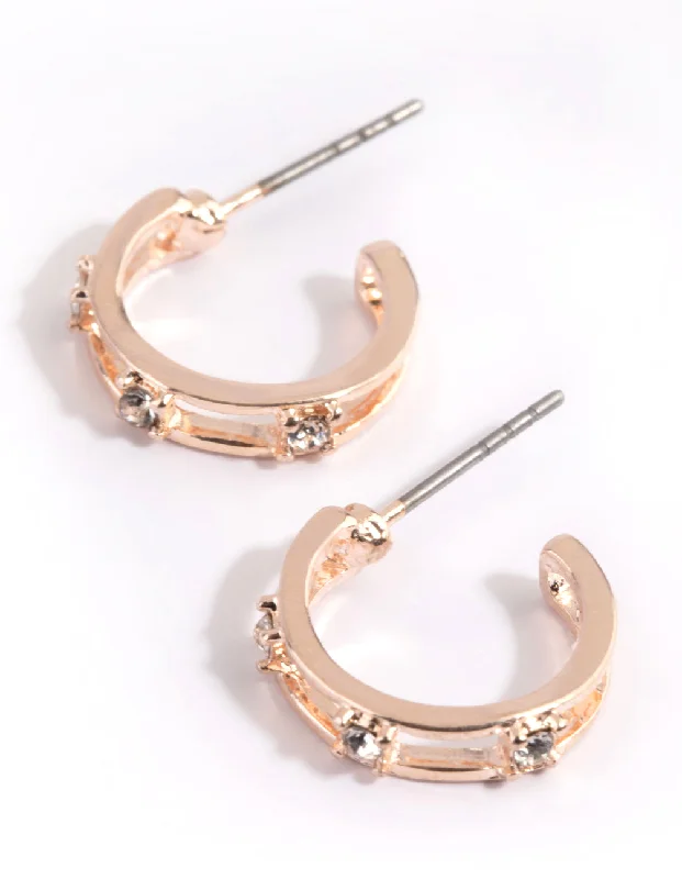 Glamour Diamond Earrings-Rose Gold Diamante Huggie Hoop Earrings