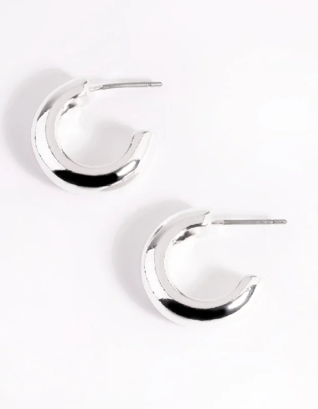 Shiny Hoop Earrings-Silver Small Round Chubby Huggie Earrings