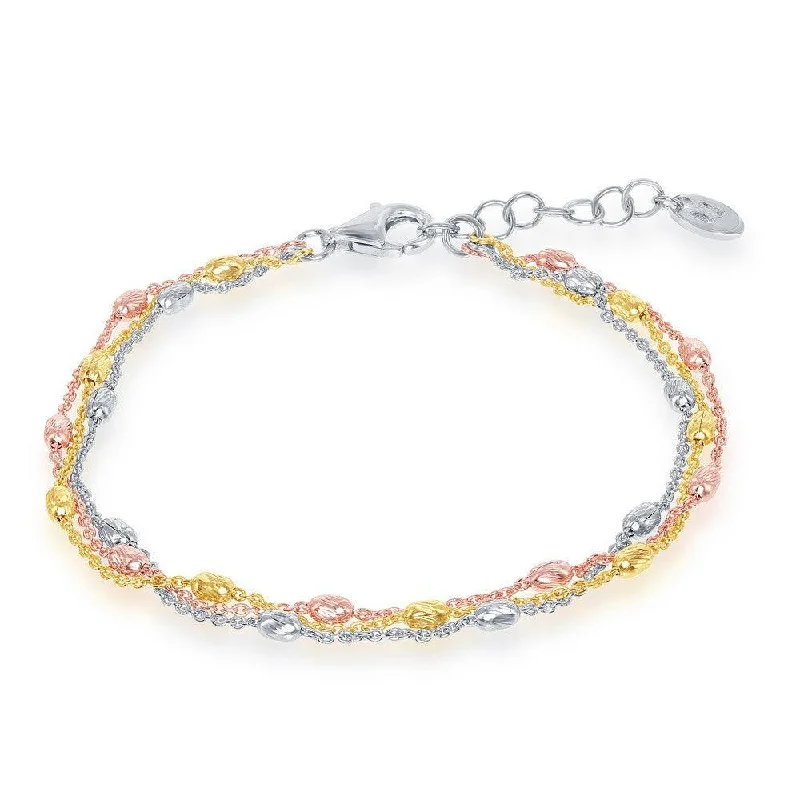 Simple Chain Bracelet-Sterling Silver Tri Color Triple Strand Oval Beaded Bracelet, 7"