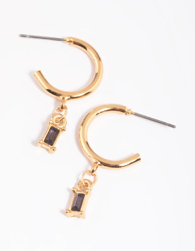 Chic Gold Stud Earrings-Black Stone Huggie Hoop Earrings