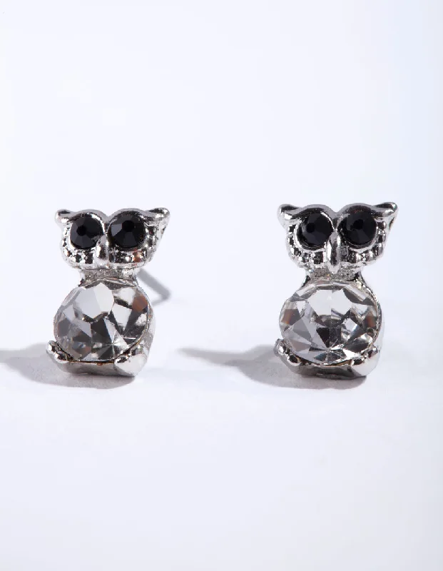 Luxury Designer Earrings-Silver Diamante Owl Stud Earrings