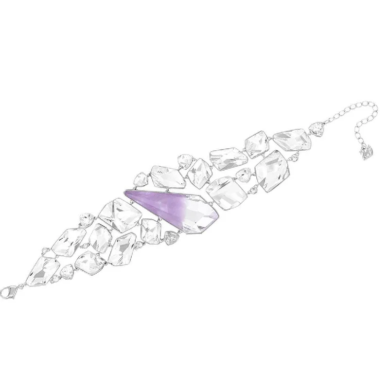 Handcrafted Leather Bracelet-Swarovski Women's Bracelet - Organic Rhodium Plated with Crystals & Amethyst | 5132997