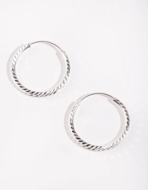 Geometric Hoop Earrings-Sterling Silver 20mm Diamond Cut Hoop Earrings