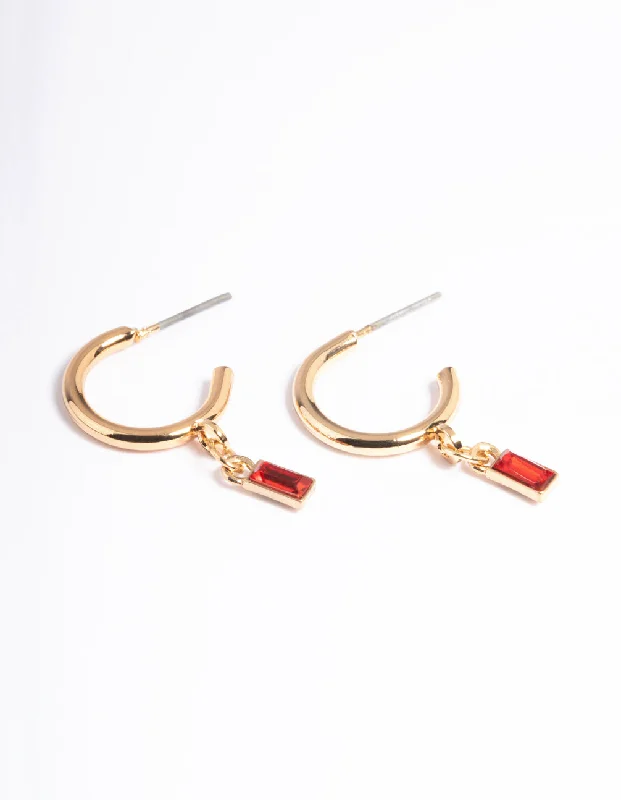 Classic Gold Earrings-Red Stone Drop Huggie Earrings