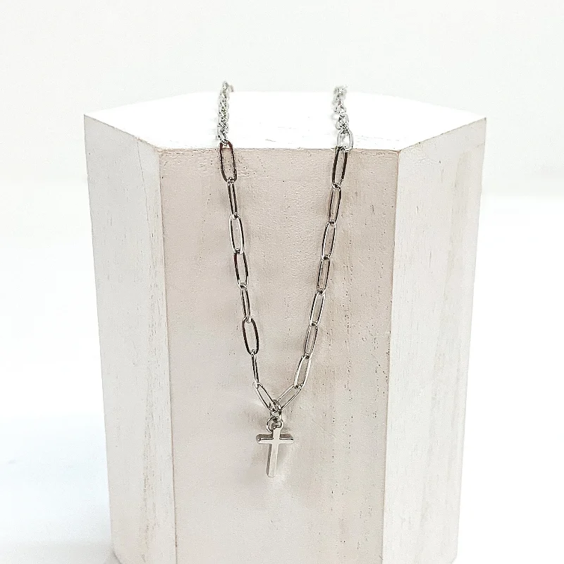 Long Heart Pendant Necklace-Paperclip Chain Necklace with Cross Charm in Silver