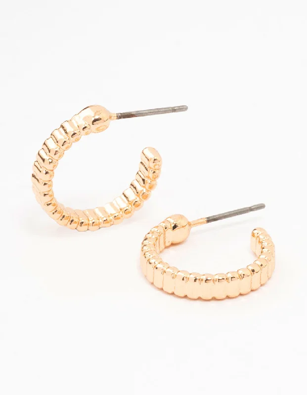 Glamour Diamond Earrings-Gold Rippled Huggie Earrings