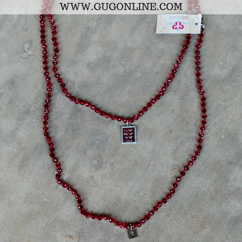 Long Chain Necklace-Pink Panache Long Red Crystal Necklace with Silver Rectangle in Red Crystals