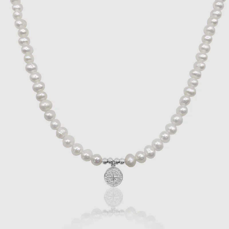 Stylish Heart Necklace-Compass Real Pearl Necklace (Silver)