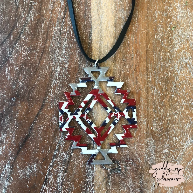 Fashionable Silver Choker-Long Black Leather Necklace with Tribal Pendant in Red and White