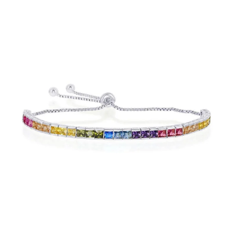 Men’s Leather Beaded Bracelet-Sterling Silver Rainbow CZ Channel-Setting 4mm Bolo Bracelet