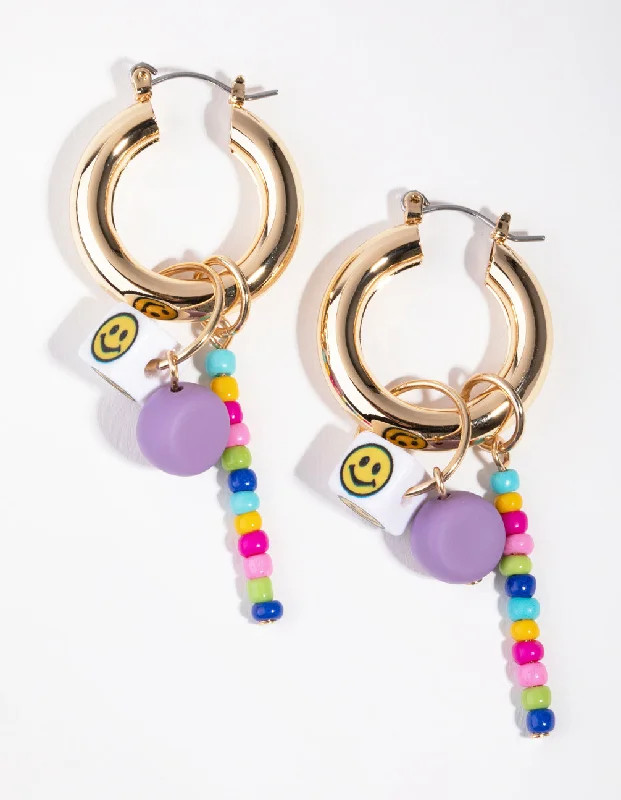 Fun Hoop Earrings-Gold Smiley Dice Beaded Hoop Earrings