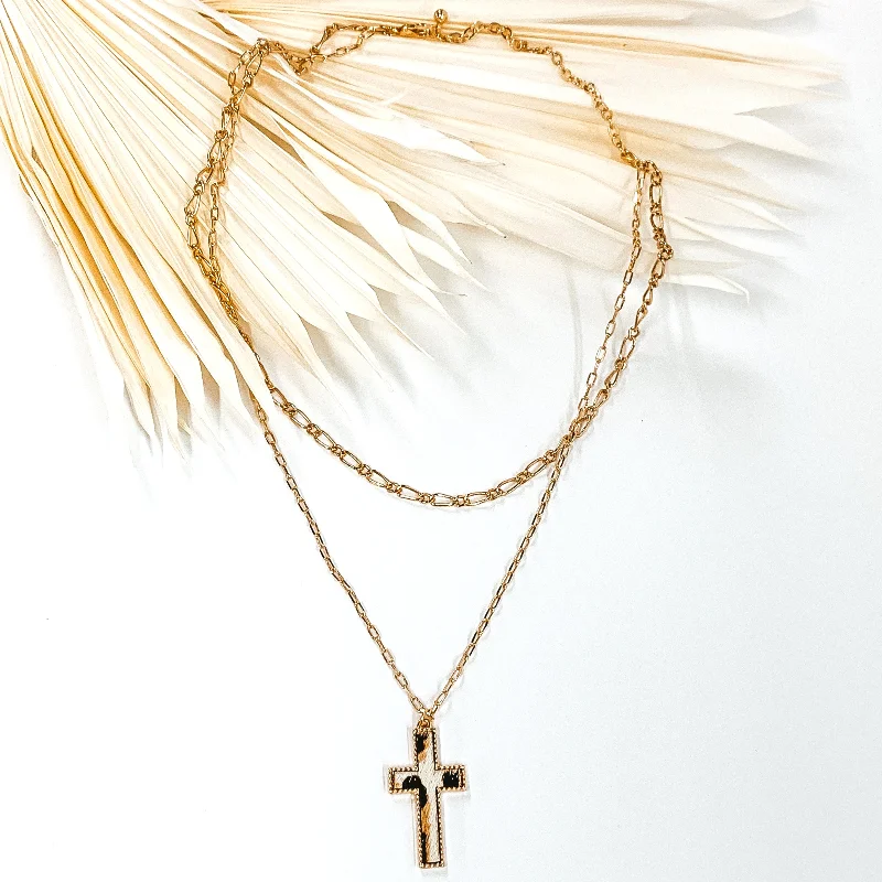 Simple Gold Crystal Necklace-Layered Chain Necklace with Cross Pendant in White Animal Print