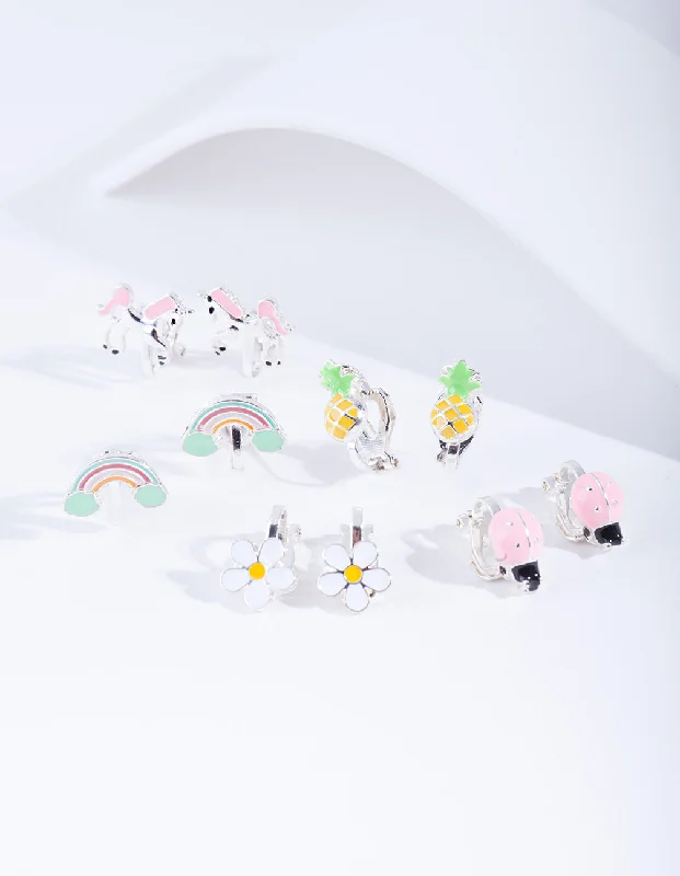 Crystal Stud Earrings-Kids Silver Unicorn Clip On Earring 5-Pack