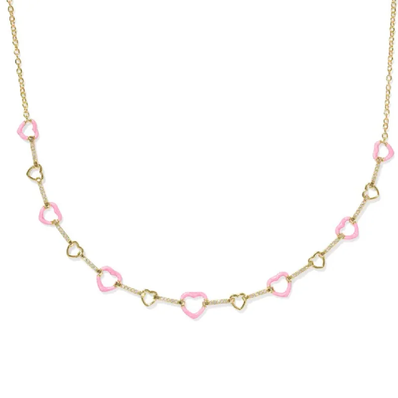 Rose Gold Necklace-Kendra Scott | Haisley Heart Gold Strand Necklace in Pink Pearlescent Enamel