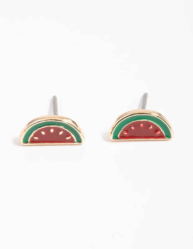 Geometric Silver Earrings-Gold Enamel Watermelon Stud Earrings