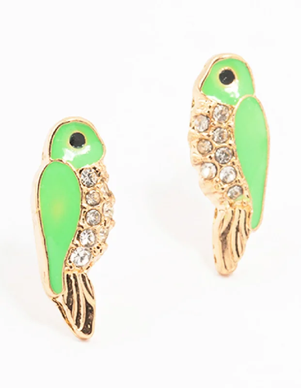 Luxurious Gold Earrings-Green Gold Epoxy Parrot Stud Earrings