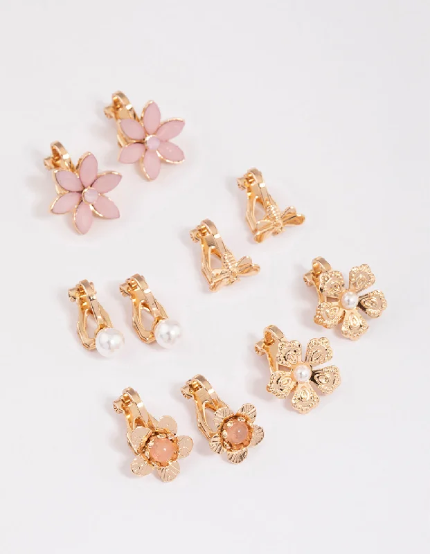 Unique Dangle Hoop Earrings-Gold Pretty Flower Clip On Earrings 5-Pack