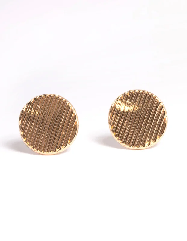 Handcrafted Earrings-Gold Wave Link Disc Stud Earrings