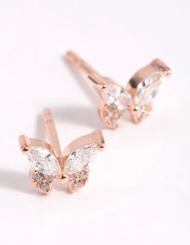 Sparkling Swarovski Earrings-Rose Gold Plated Sterling Silver Cubic Zirconia Butterfly Stud Earrings