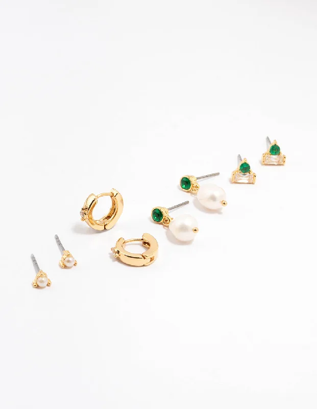 Geometric Stud Earrings-Gold Plated Emerald Stone & Pearl Earrings 4-Pack